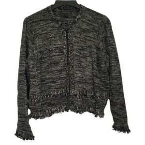 TAHARI FRINGE TRIM‎ BOUCLE CHUNCKY CROPPED CARDIGAN SWEATER JACKET LARGE